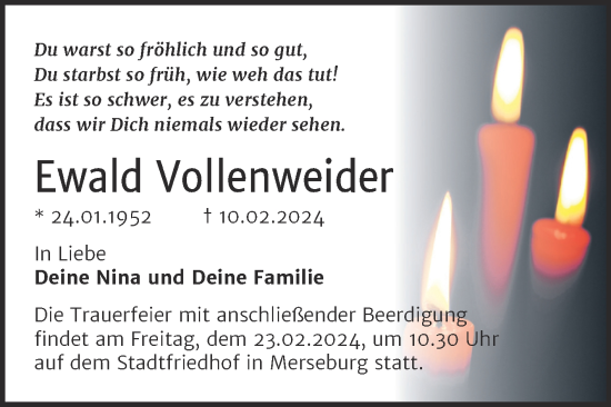 Traueranzeige von Ewald Vollenweider von Trauerkombi Merseburg