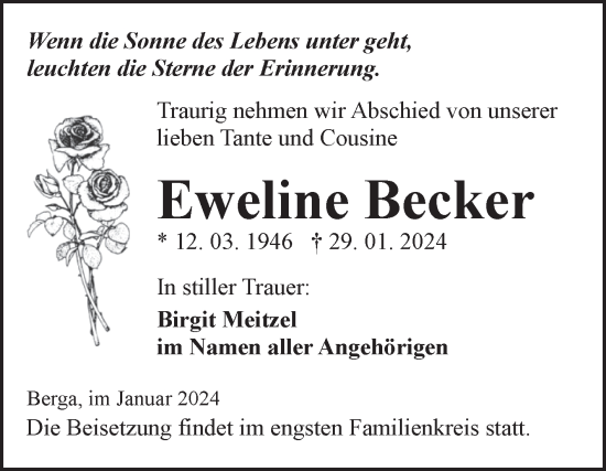 Traueranzeige von Eweline Becker von Trauerkombi Sangerhausen
