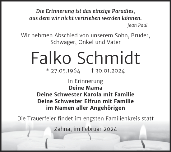 Traueranzeige von Falko Schmidt von Trauerkombi Wittenberg