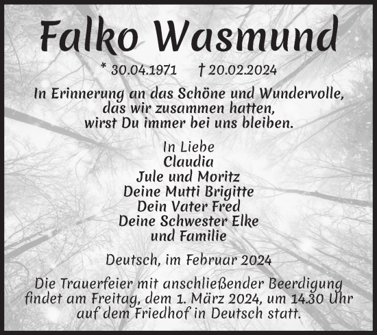 Traueranzeige von Falko Wasmund von Volksstimme Altmark Ost