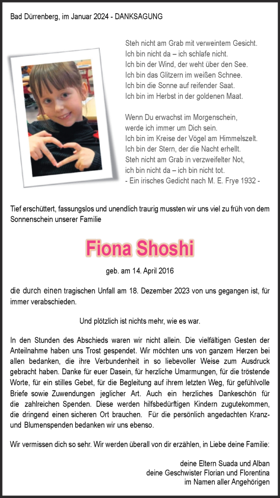 Traueranzeige von Fiona Shoshi von Trauerkombi Merseburg