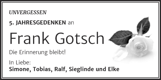 Traueranzeige von Frank Gotsch von Trauerkombi Wittenberg