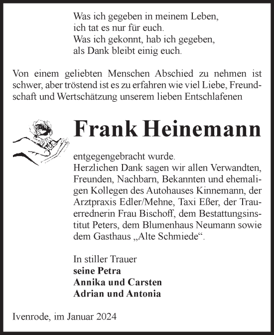 Traueranzeige von Frank Heinemann von Volksstimme Haldensleben/Wolmirstedt