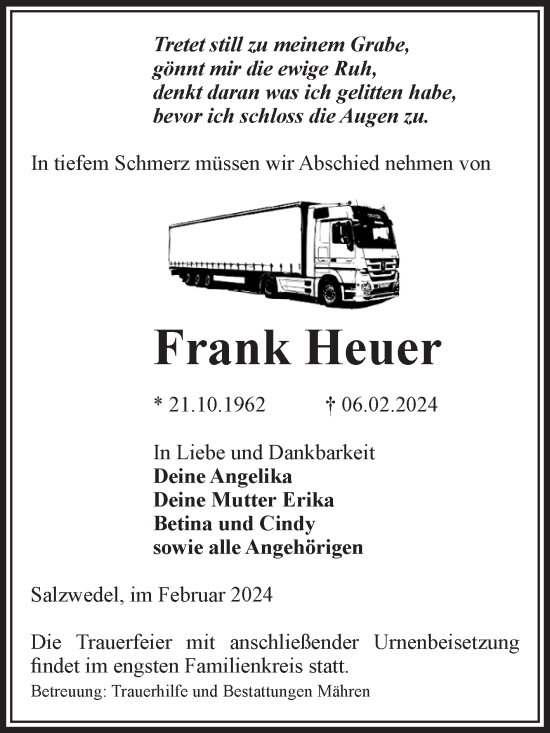 Traueranzeige von Frank Heuer von Volksstimme Altmark West