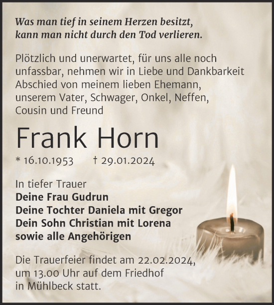 Traueranzeige von Frank Horn von Trauerkombi Bitterfeld