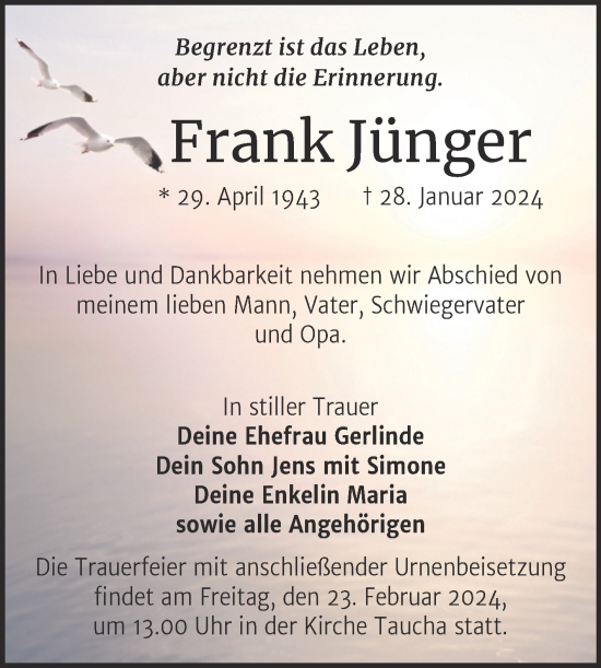 Traueranzeige von Frank Jünger von Trauerkombi Weißenfels