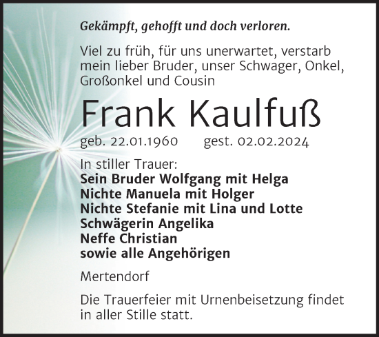 Traueranzeige von Frank Kaulfuß von Super Sonntag Naumburg/Nebra