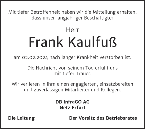 Traueranzeige von Frank Kaulfuß von Super Sonntag Naumburg/Nebra