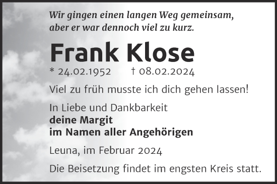 Traueranzeige von Frank Klose von Trauerkombi Merseburg
