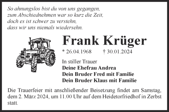 Traueranzeige von Frank Krüger von Volksstimme Zerbst