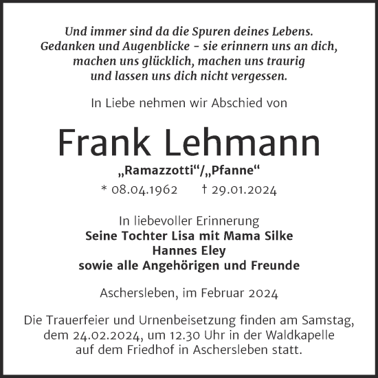 Traueranzeige von Frank Lehmann von Trauerkombi Aschersleben