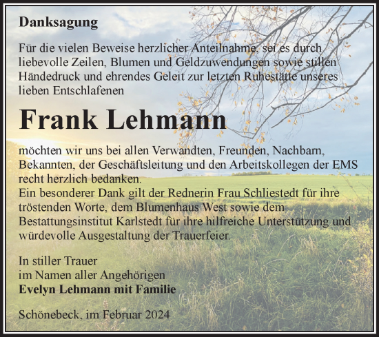 Traueranzeige von Frank Lehmann von Volksstimme Schönebeck