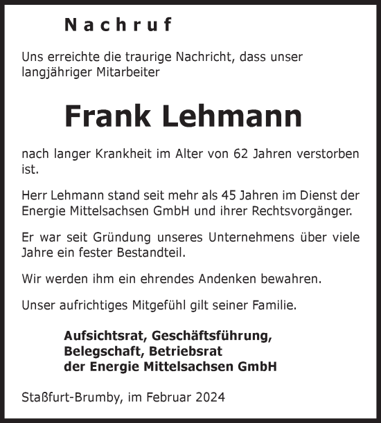 Traueranzeige von Frank Lehmann von Volksstimme Schönebeck