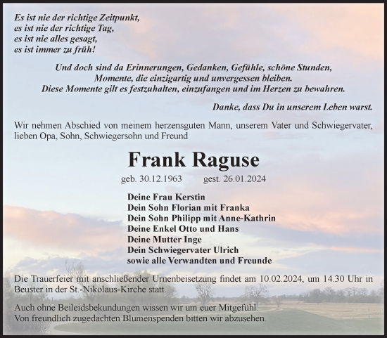 Traueranzeige von Frank Raguse von Volksstimme Altmark Ost