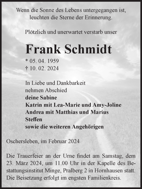 Traueranzeige von Frank Schmidt von Volksstimme Oschersleben/Wanzleben
