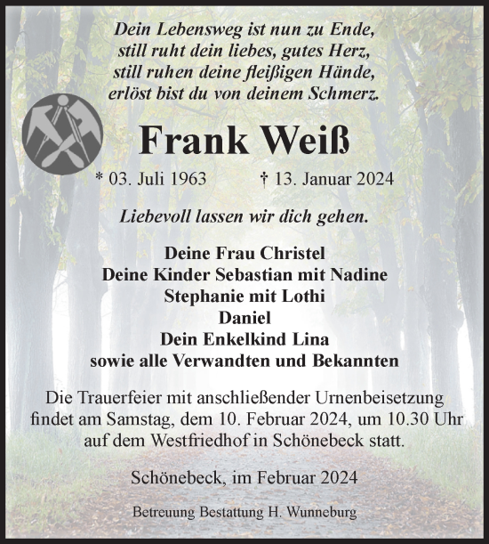 Traueranzeige von Frank Weiß von Volksstimme Schönebeck