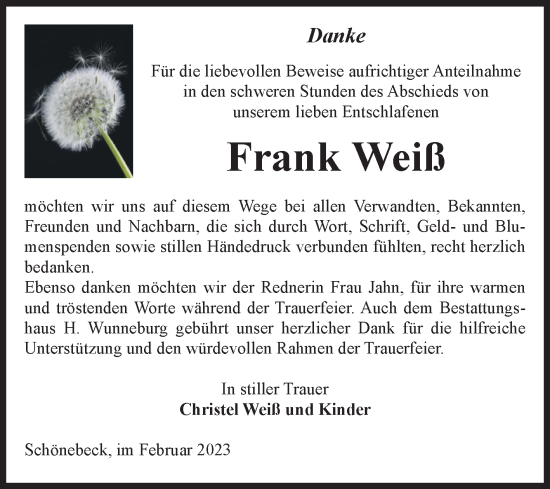 Traueranzeige von Frank Weiß von Volksstimme Schönebeck