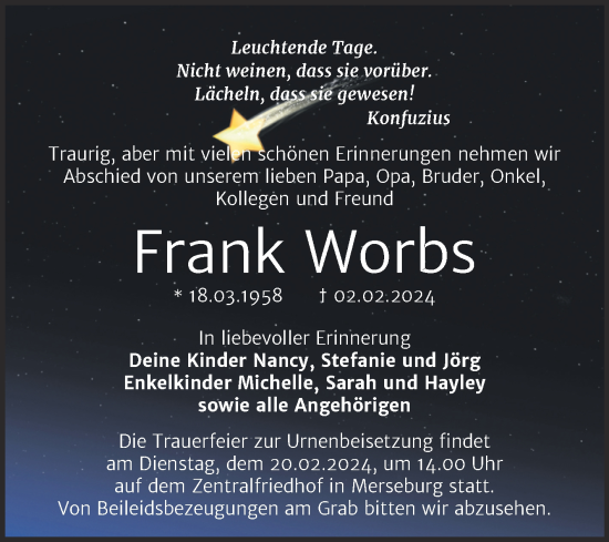 Traueranzeige von Frank Worbs von Trauerkombi Merseburg