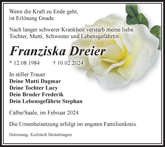 Traueranzeige von Franziska Dreier von Volksstimme Schönebeck