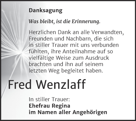 Traueranzeige von Fred Wenzlaff von Trauerkombi Weißenfels