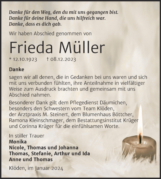 Traueranzeige von Frieda Müller von Super Sonntag Wittenberg