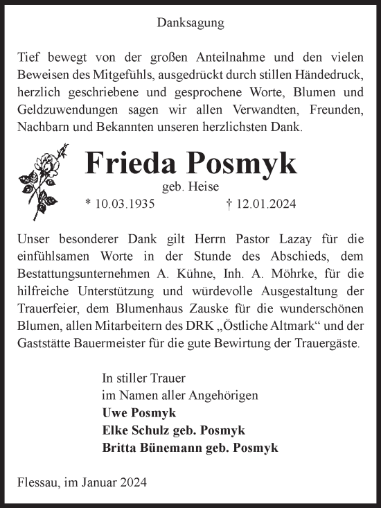 Traueranzeige von Frieda Posmyk von Volksstimme Altmark Ost
