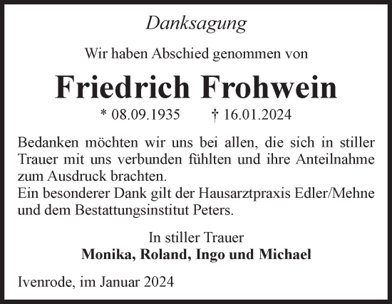 Traueranzeige von Friedrich Frohwein von Volksstimme Haldensleben/Wolmirstedt