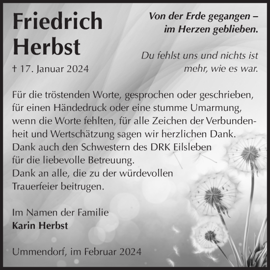 Traueranzeige von Friedrich Herbst von Volksstimme Oschersleben/Wanzleben
