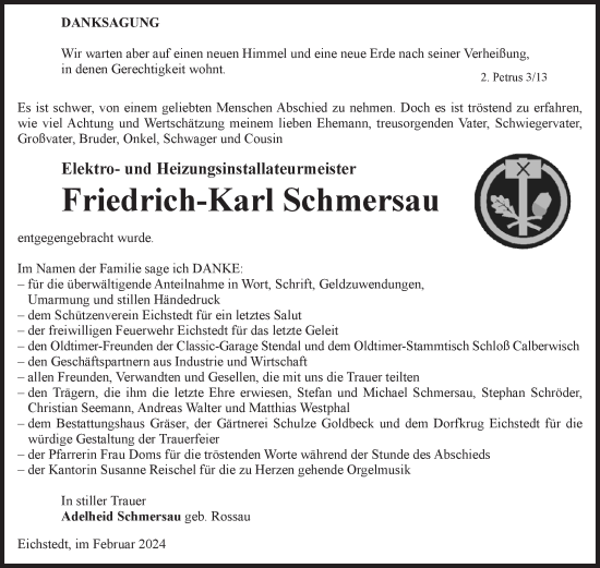 Traueranzeige von Friedrich-Karl Schmersau von Volksstimme Altmark Ost
