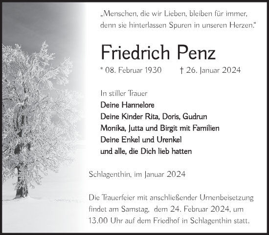 Traueranzeige von Friedrich Penz von Volksstimme Burg/Genthin