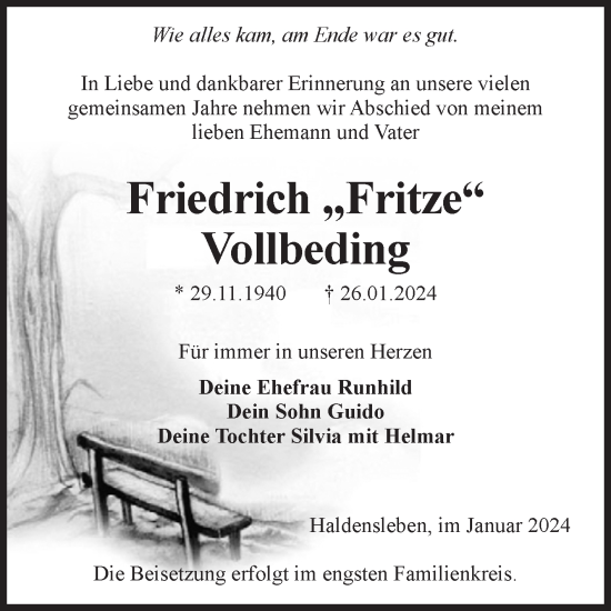 Traueranzeige von Friedrich Vollbeding von Volksstimme Haldensleben/Wolmirstedt