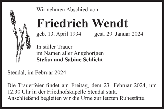 Traueranzeige von Friedrich Wendt von Volksstimme Altmark Ost