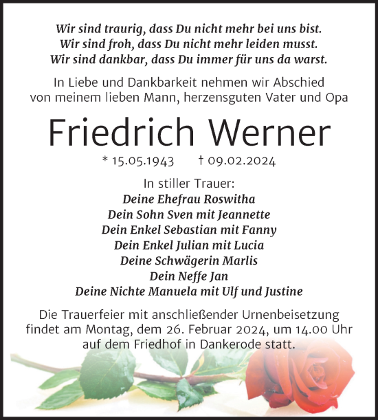 Traueranzeige von Friedrich Werner von Trauerkombi Quedlinburg
