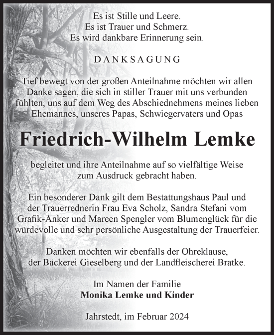 Traueranzeige von Friedrich-Wilhelm Lemke von Volksstimme Altmark West