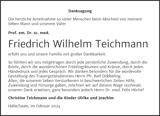 Traueranzeige von Friedrich Wilhelm Teichmann von Mitteldeutsche Zeitung Halle/Saalkreis