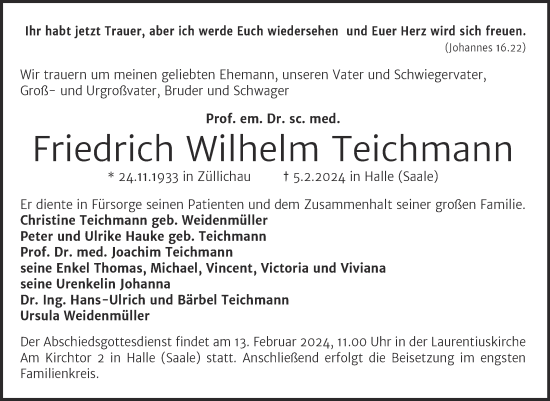 Traueranzeige von Friedrich Wilhelm Teichmann von Mitteldeutsche Zeitung Halle/Saalkreis