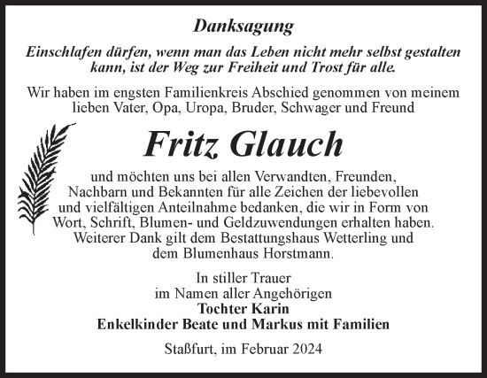 Traueranzeige von Fritz Glauch von Volksstimme Staßfurt