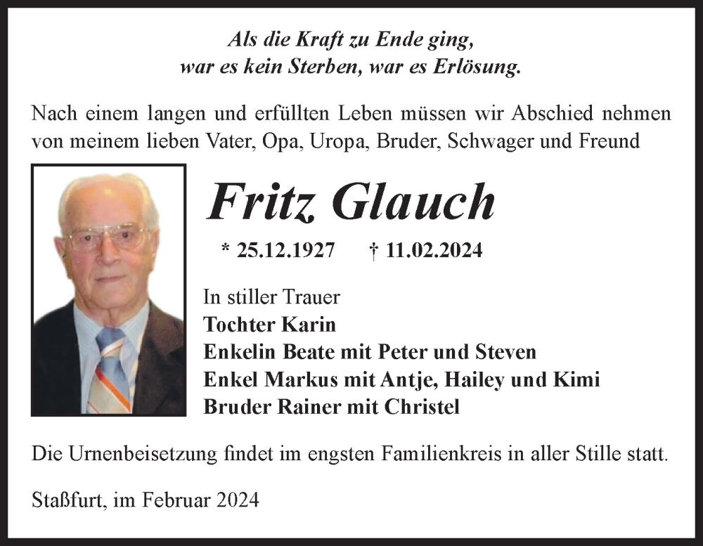  Traueranzeige für Fritz Glauch vom 17.02.2024 aus Volksstimme Staßfurt