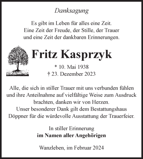 Traueranzeige von Fritz Kasprzyk von Volksstimme Oschersleben/Wanzleben