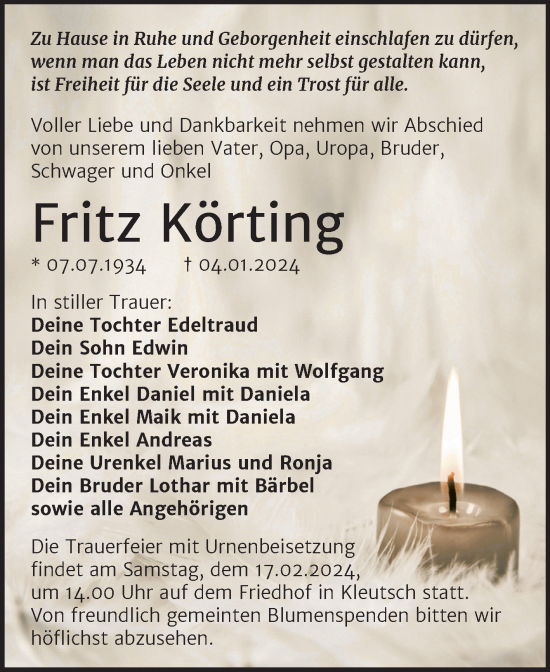 Traueranzeige von Fritz Körting von Trauerkombi Dessau