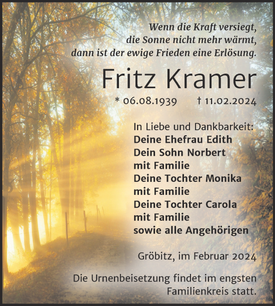 Traueranzeige von Fritz Kramer von Trauerkombi Weißenfels