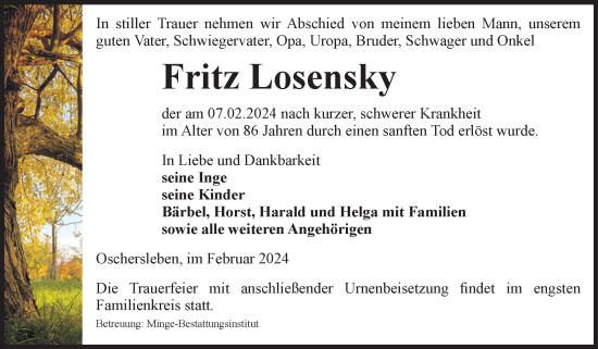 Traueranzeige von Fritz Losensky von Volksstimme Oschersleben/Wanzleben