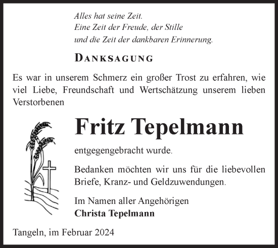 Traueranzeige von Fritz Tepelmann von Volksstimme Altmark West