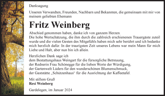 Traueranzeige von Fritz Weinberg von Volksstimme Altmark West