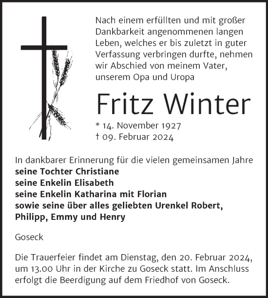 Traueranzeige von Fritz Winter von Mitteldeutsche Zeitung Weißenfels