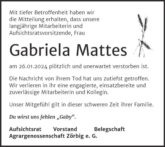Traueranzeige von Gabriela Mattes von Mitteldeutsche Zeitung Bitterfeld