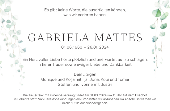 Traueranzeige von Gabriela Mattes von Mitteldeutsche Zeitung Bitterfeld
