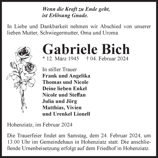 Traueranzeige von Gabriele Bich von Volksstimme Burg/Genthin