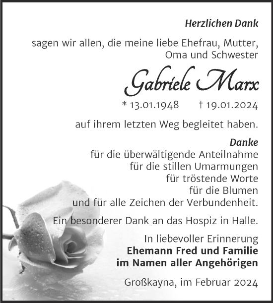 Traueranzeige von Gabriele Marx von Trauerkombi Merseburg