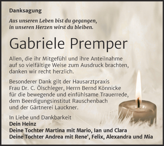 Traueranzeige von Gabriele Premper von Super Sonntag Naumburg/Nebra